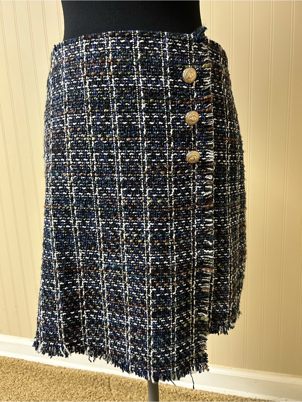 Black & White Tweed Fringe Button Mini Skirt NWT